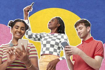  Collage of a group of people using smart phones on colorful background 