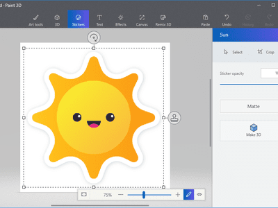 Screenshot showing a Paint 3D sticker of a sun