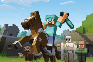 Promotional artwork of a Minecraft character holding a sword on a horse