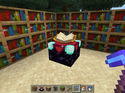 An Enchanting Table surrounded by bookshelves in Minecraft