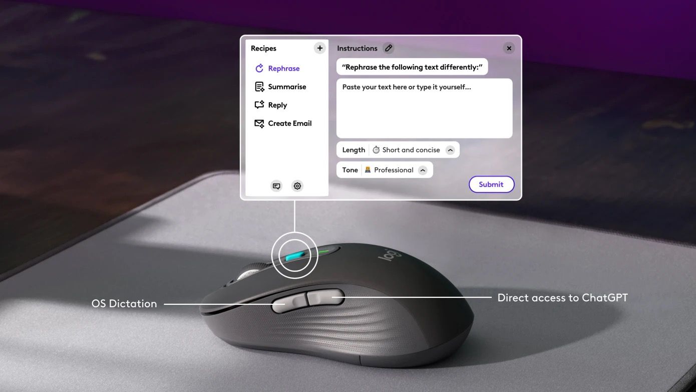 A mouse with a teal button under a floating computer window