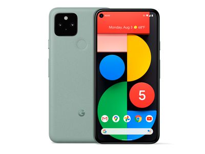 Google Pixel 5 front and back view in "sorta sage" color.