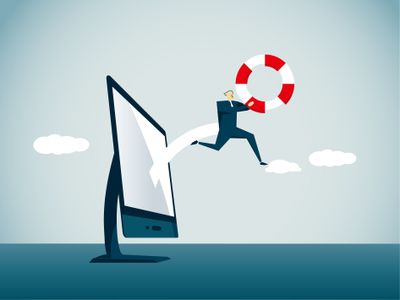 Illustration of a man jumping out of a computer with a life preserver for computer assistance