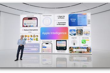 craig federighi in front of a screen showing Apple Intelligence features