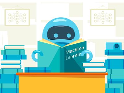 A drawn robot reading a book on machine learning