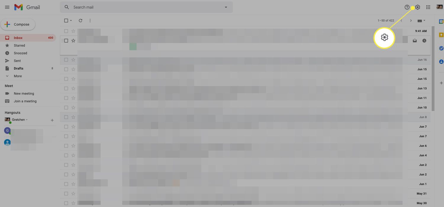 Gmail with the settings gear highlighted