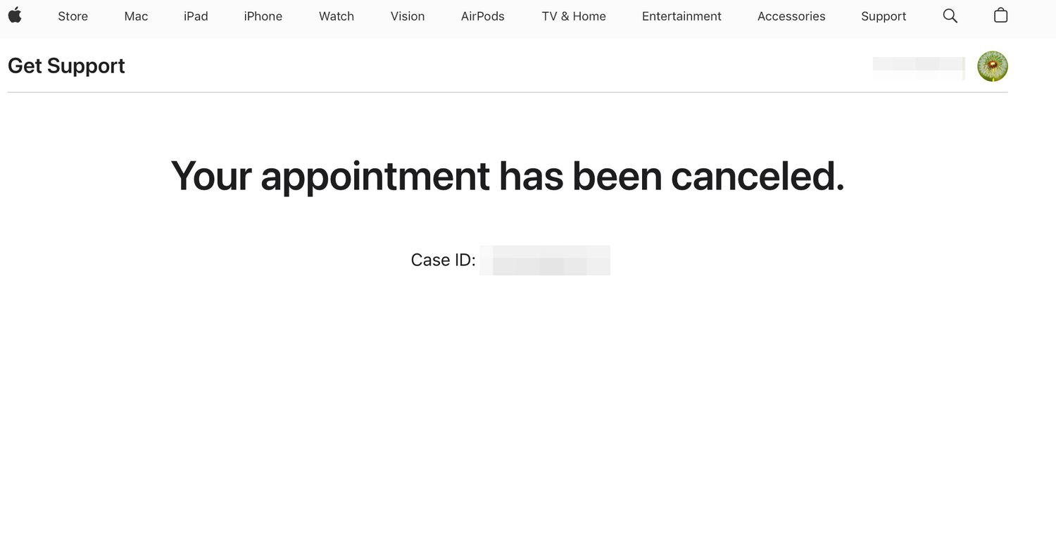 Genius Bar appointment cancellation confirmation on the Apple Support website.