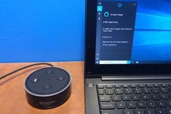 Photo of Amazon Echo Dot next to Cortana open with the Alexa skill on a Windows 10 system.