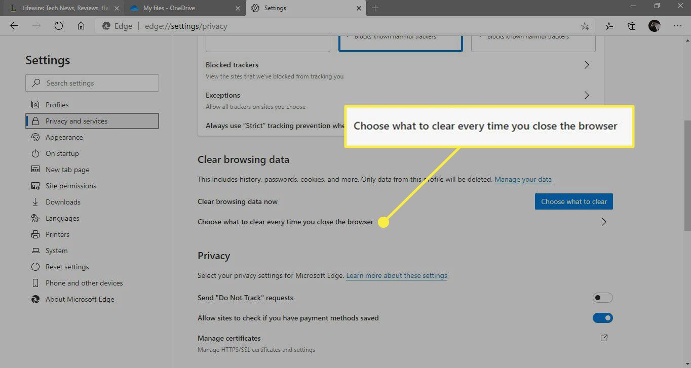 A screenshot of Edge's Privacy and Services settings with the "Choose what to clear every time you close the browser" option highlighted