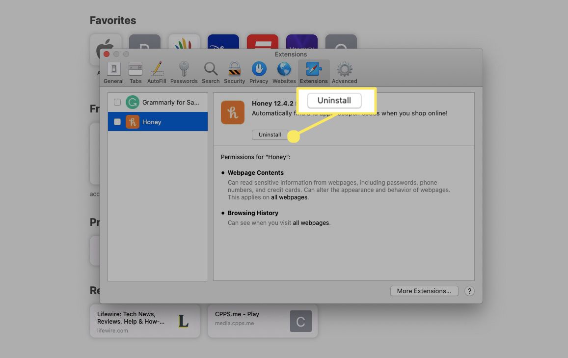 After you've disabled an extension, you can uninstall it. Select Uninstall.