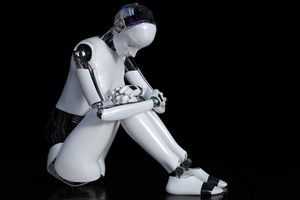 3D rendering of a female robot sitting in solitude on the floor looking sad