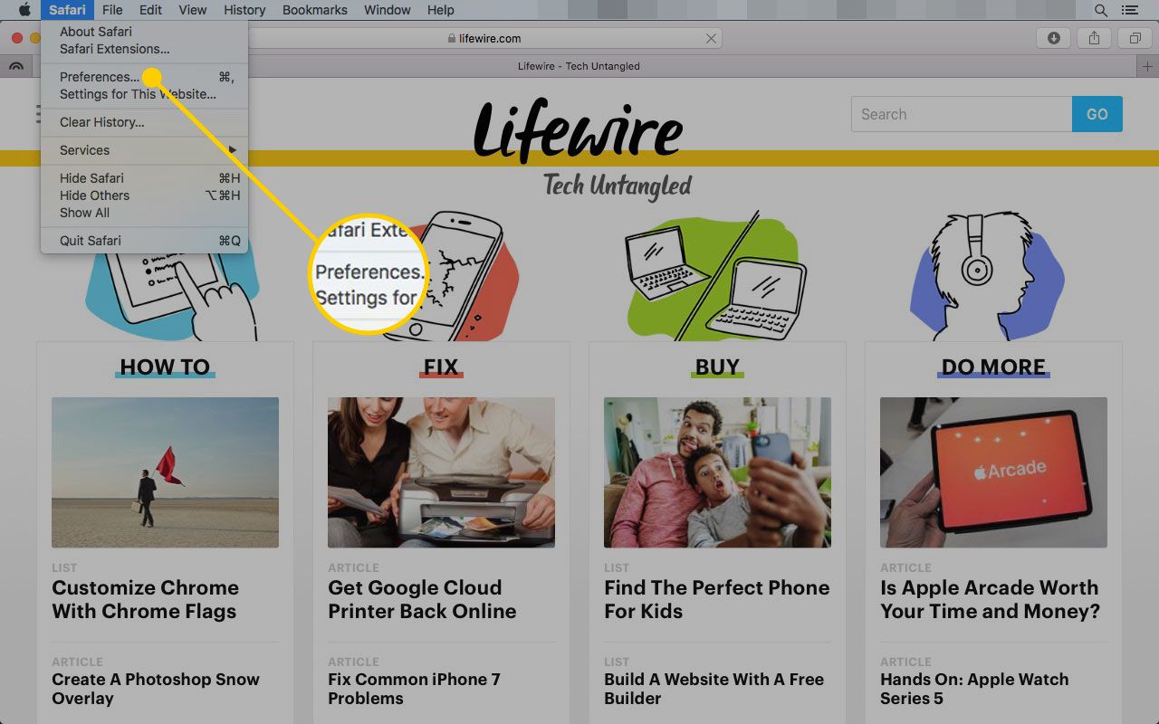 Safari on a Mac with the Preferences menu item highlighted