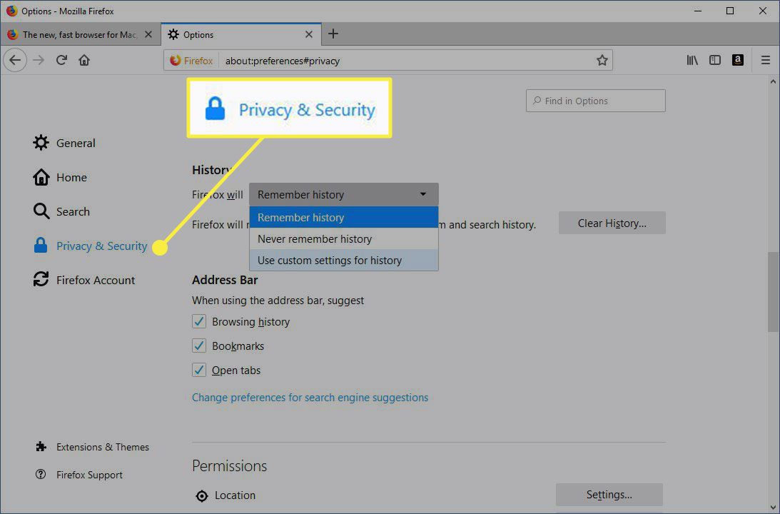 The Privacy & Security heading in Firefox settings