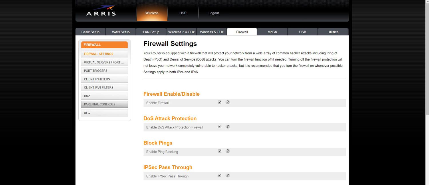 You can find Parental Controls under the Firewall Settings of an Arris router