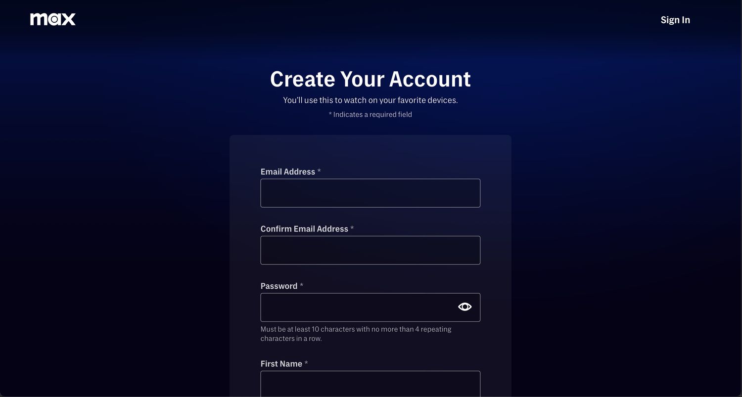 The account creation screen on Max.com