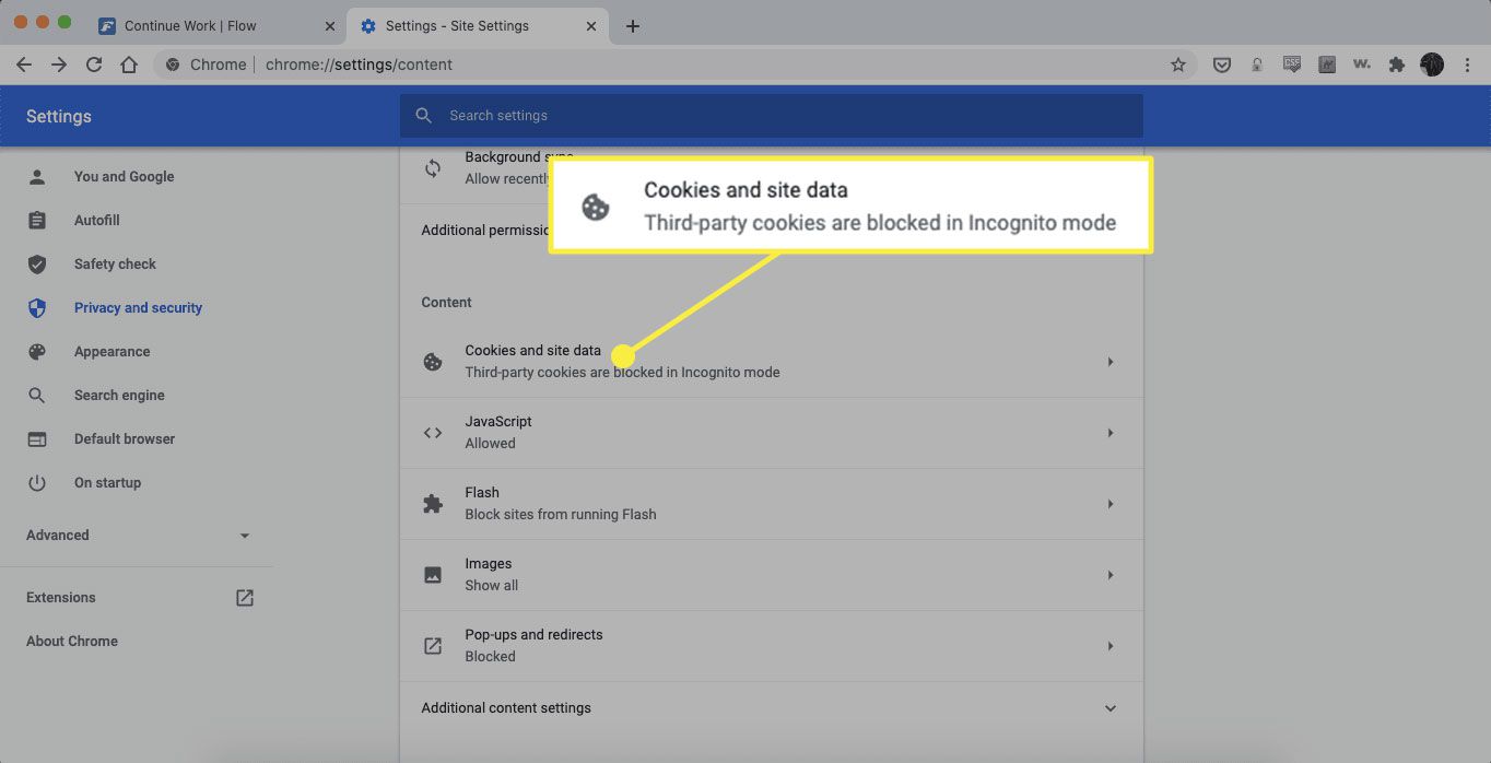 The Cookies and site data heading