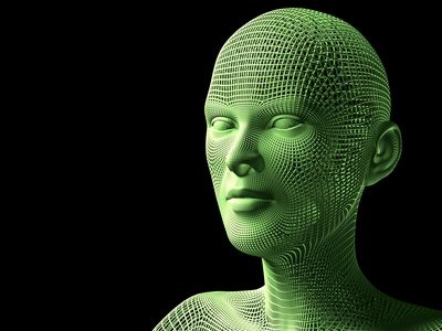 Green 3D model of a human face