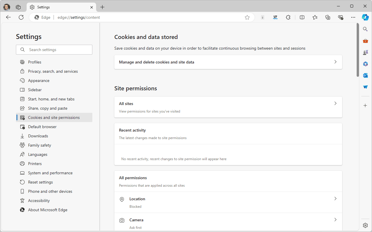 Microsoft Edge's settings for cookies and site permissions