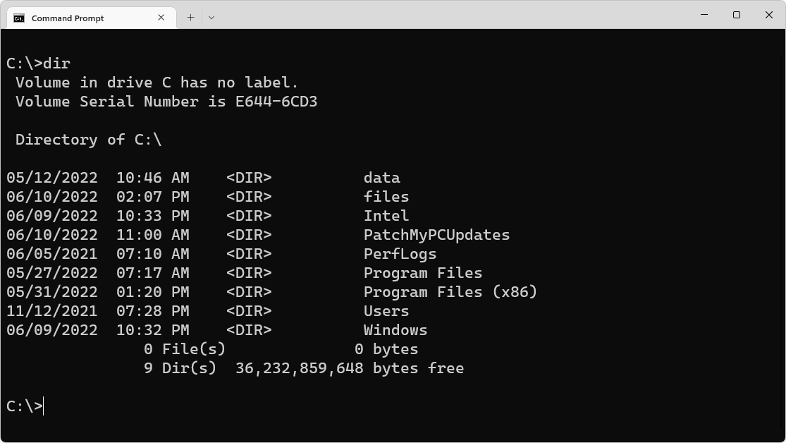 dir command in Windows 11 Command Prompt