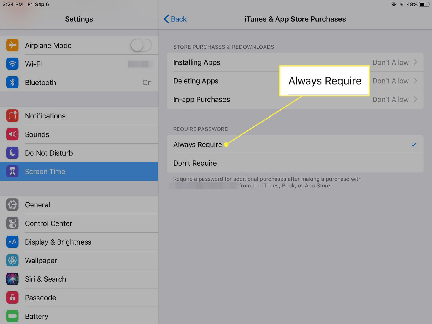 A screenshot of iTunes & App Store Purchases settings on an iPad with the Always Require option highlighted