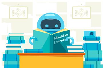 A drawn robot reading a book on machine learning