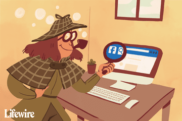 Illustration of a person dressed up as Sherlock Holmes holding a magnifying glass in front of a Facebook page on a computer