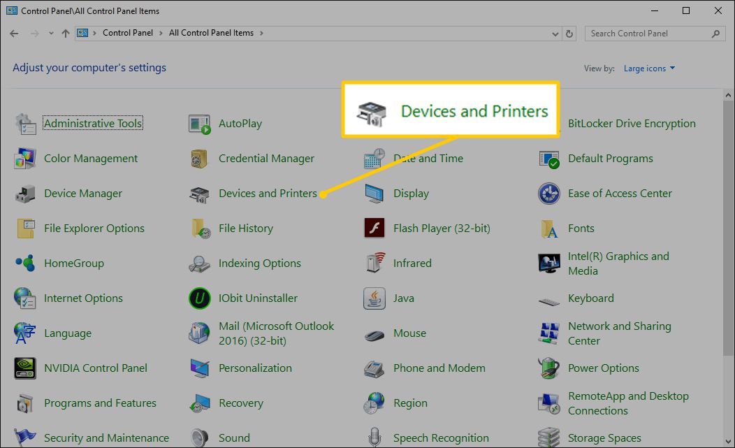 Devices and Printers link in Windows Control Panel