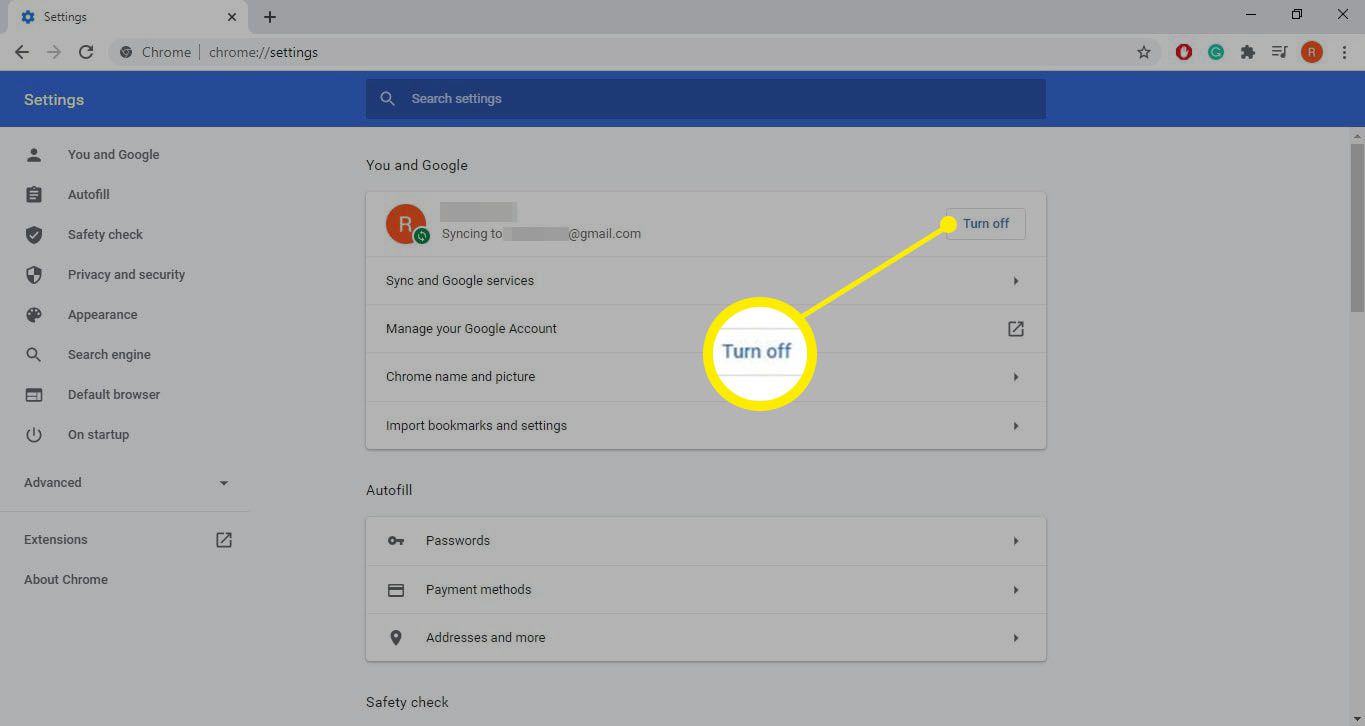 Select Turn off to the right of your name and Google Account image under the You and Google section.