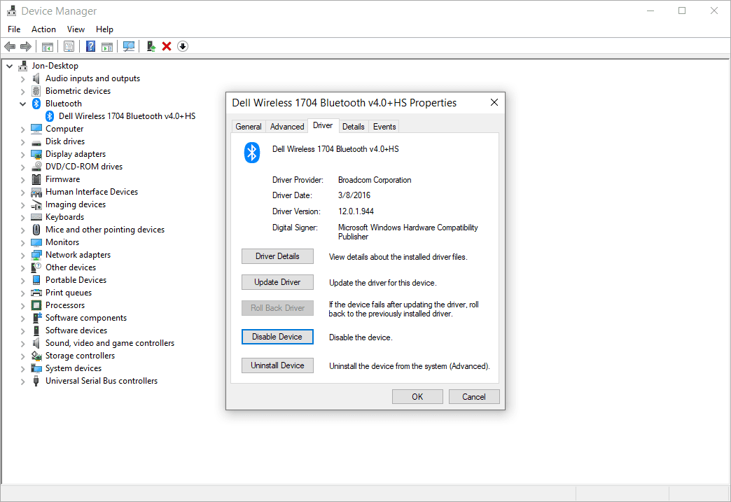 Device Manager Dell Wireless Bluetooth properties