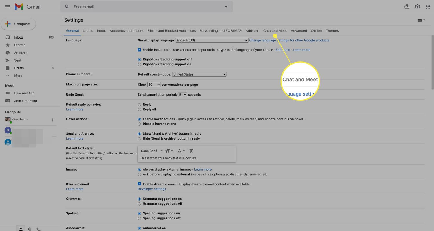 Gmail Settings with Chat and Meet tab highlighted