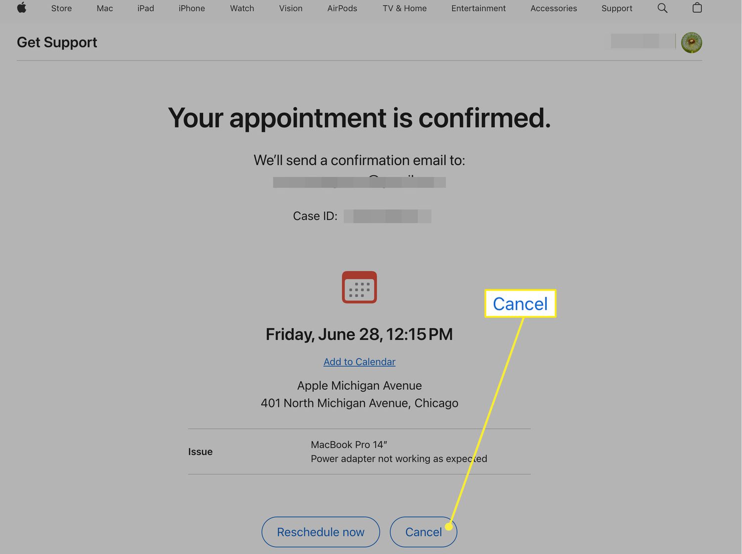 Genius Bar appointment confirmation and cancel button on the Apple Support site.