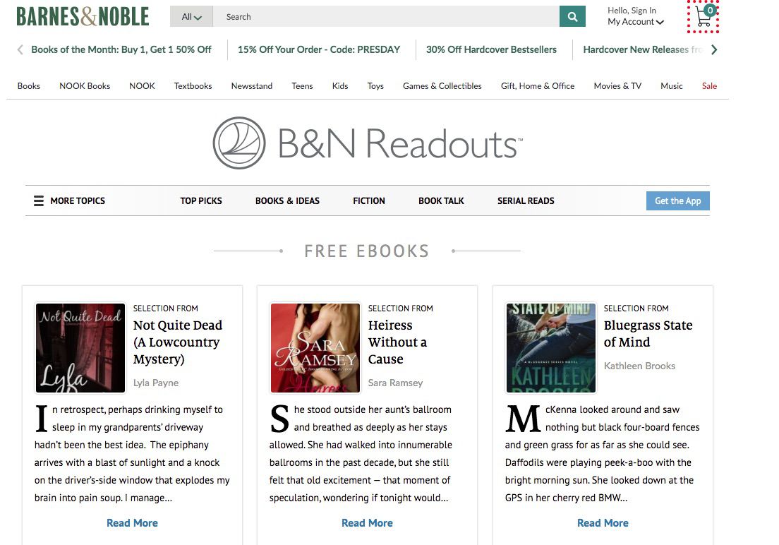 Screenshot of B&N Readouts, which offers free Nook eBooks