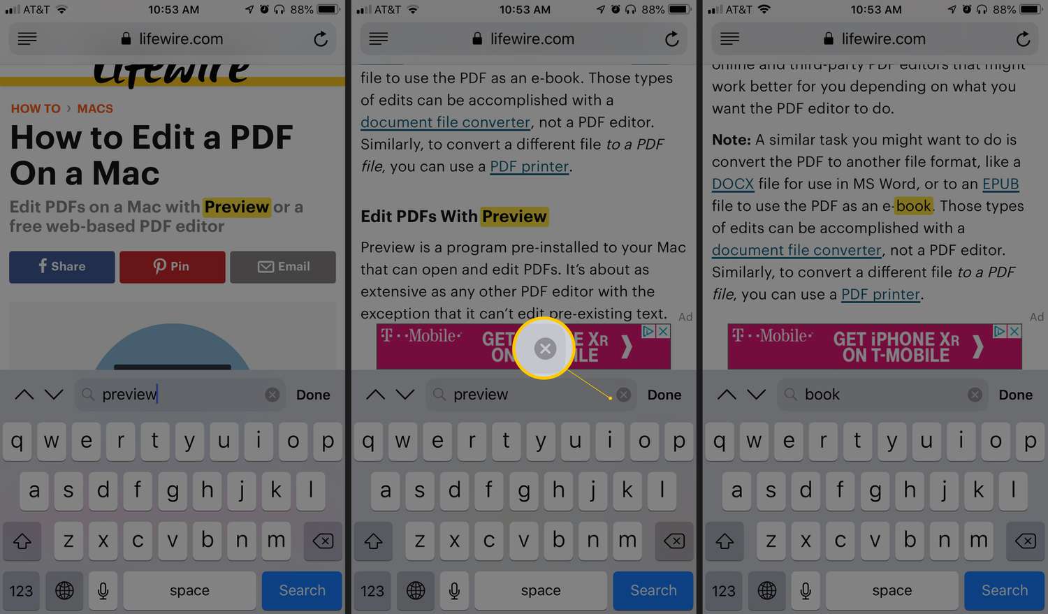 Three iOS screens showing search field (preview) in Safari, the X button, and a new search term (book)