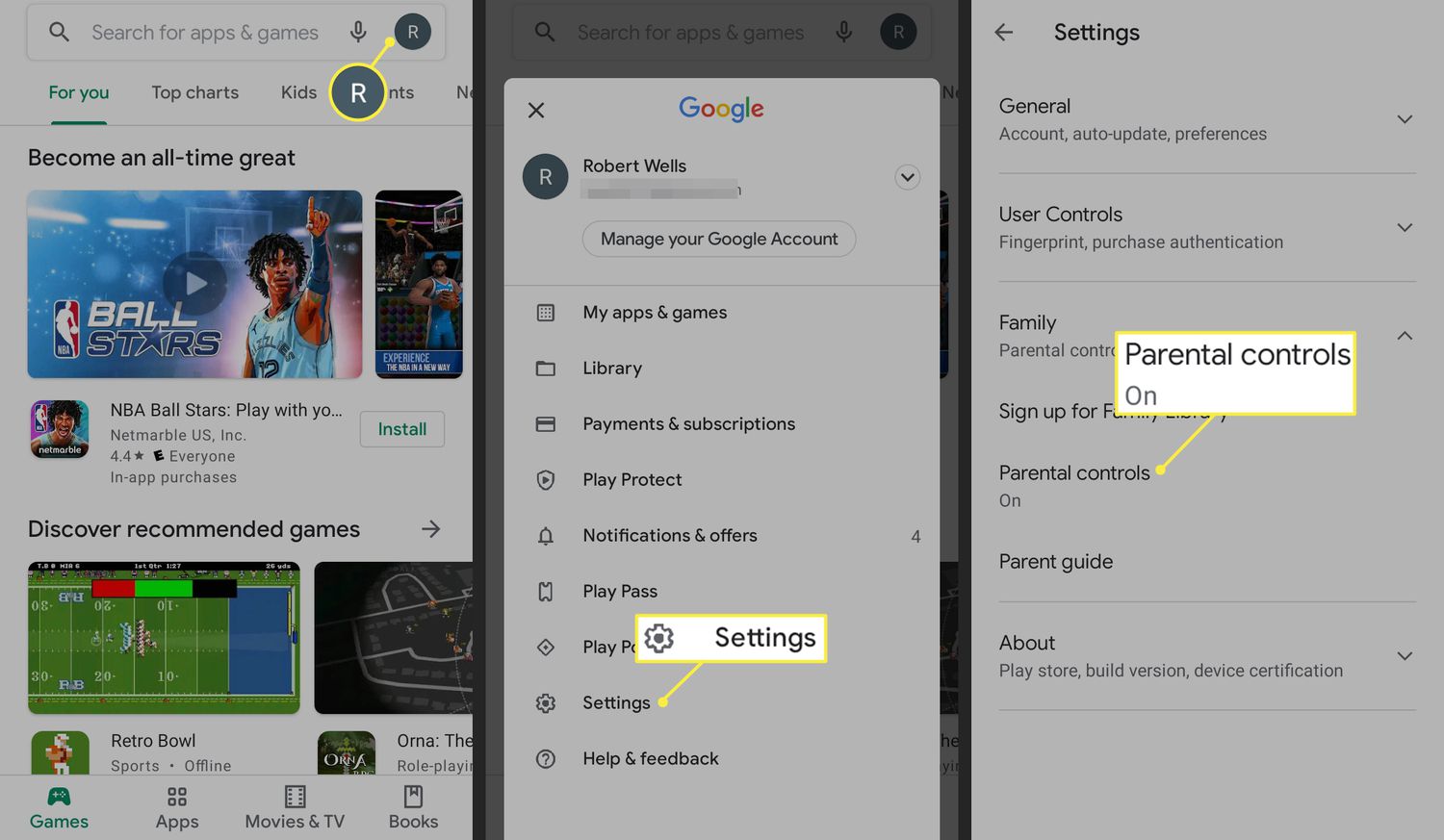 Profile icon, Settings, and Parental Controls in Google Play