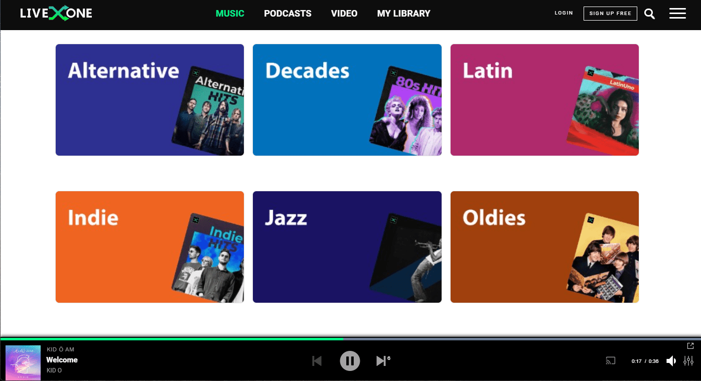 LiveOne music page with some available genres