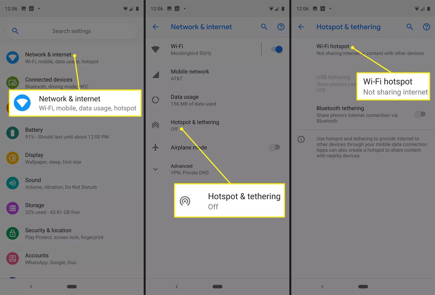 Network & Internet, Hotspot & tethering, and Wi-Fi hotspot buttons on Google Pixel