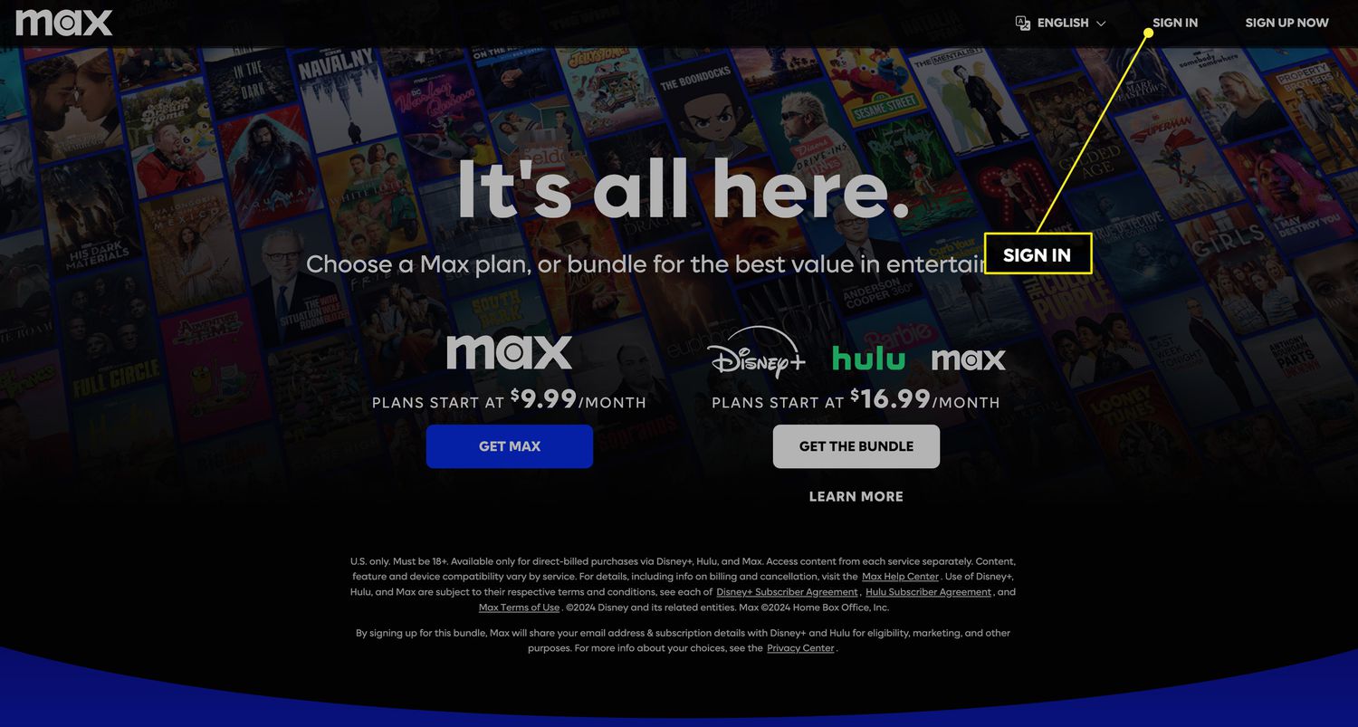 Sign-in button highlighted from the Max website