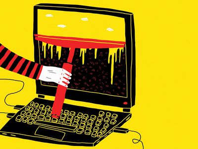 An arm using a squeegee on the screen of a laptop, yellow background