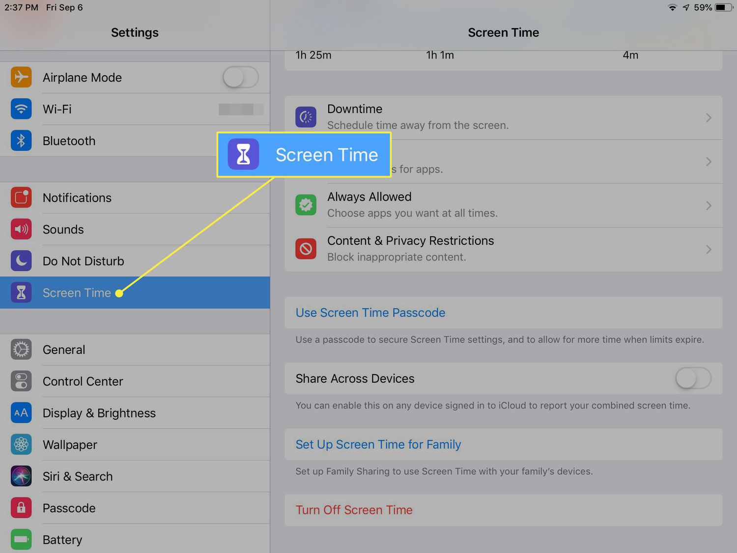 A screenshot of iPad settings with Screen Time highlighted