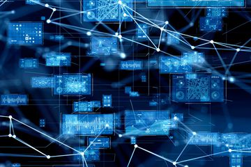 Illustration of screens, charts, and graphs connected as data