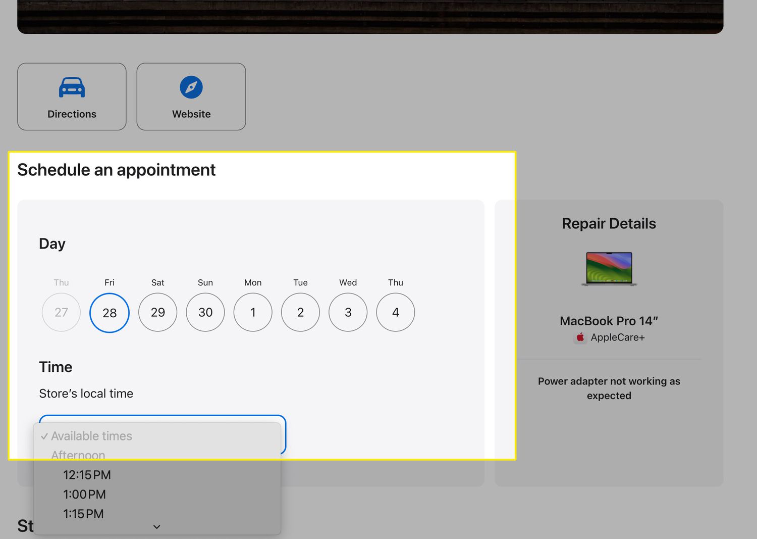 Genius Bar appointment date and time options on the Apple Support site.