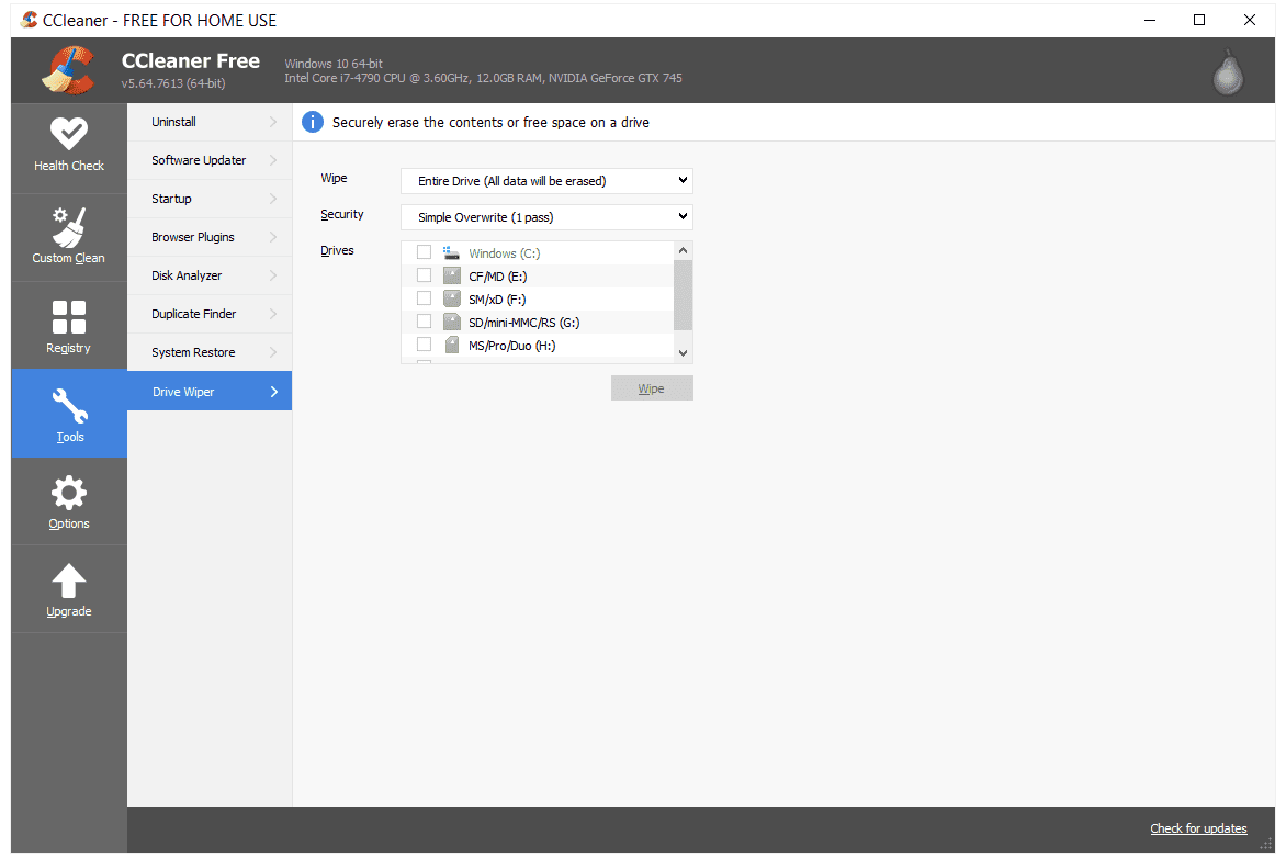 CCleaner drive wiper menu