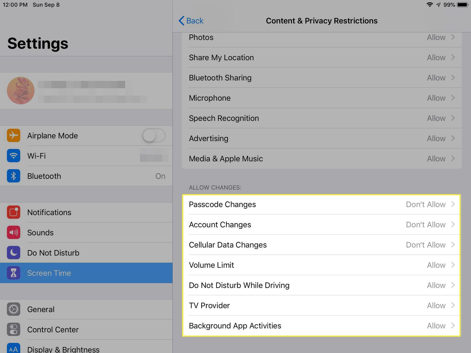 A screenshot of Content & Privacy Restrictions on an iPad with the Allow Changes section highlighted