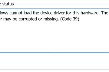 Screenshot of the Code 39 Device Manager error code that reads Windows cannot load the device driver for this hardware. The driver may be corrupted or missing