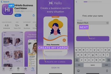 Get, Create My Cards, and Next in the Hi Hello app for iOs