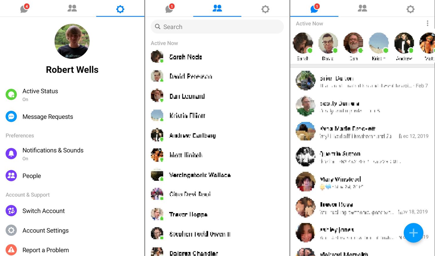 Facebook Messenger Lite account, contacts, and messages tabs