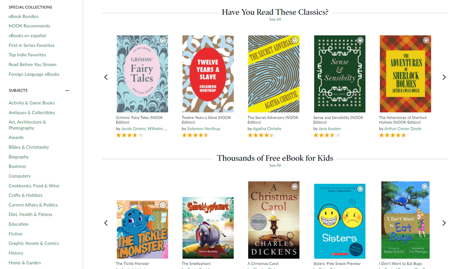 Barnes & Noble's Free Nook Books page