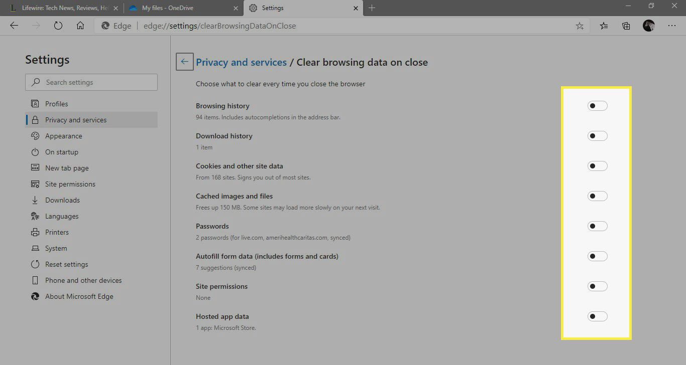 A screenshot of the Clear Browsing Data on Close screen in Edge with the toggle switches highlighted