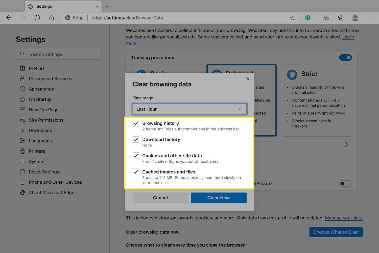 A screenshot of the Clear Browsing Data window in Edge with the deletion options highlighted