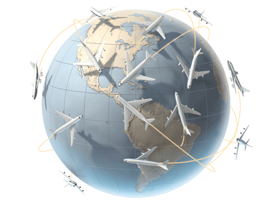 aircraft orbiting a globe showing America